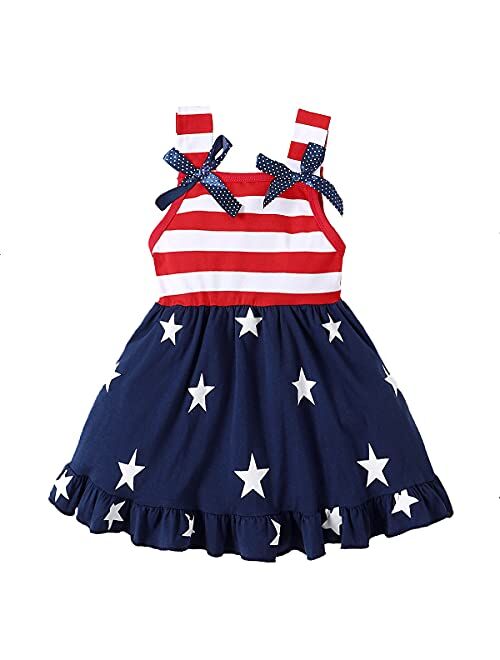 LYSMuch Toddler Kids Baby Girls 4th of July Outfit American Flag Dress Stars Striped Straps Princess Beach Sundress