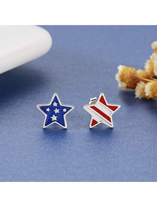USA American Flag Earrings for Women - 925 Sterling Silver Patriotic Red White And Blue Star Stud Earrings Fourth of July Independence Day Jewelry Gifts