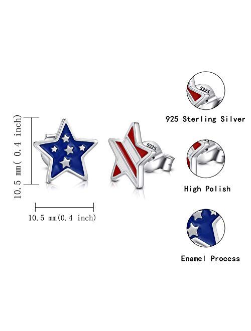 USA American Flag Earrings for Women - 925 Sterling Silver Patriotic Red White And Blue Star Stud Earrings Fourth of July Independence Day Jewelry Gifts