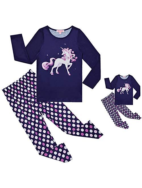 QPANCY Matching Girls&Dolls Pjs Set Kids Pajamas Long Sleeve Fall Winter Sleepwear