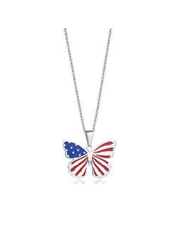 Patriotic Jewelry American Flag Necklace,Stainless Steel Butterfly Pendant for Women Best Friend