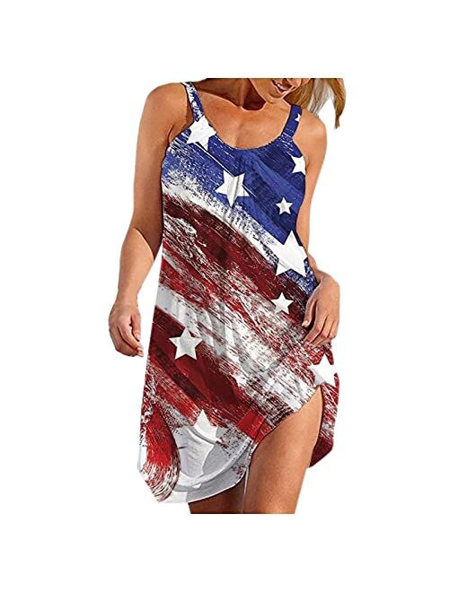 Oiumov Summer Dresses for Women Beach American Flag Patriotic Cute Dress Sundress Sleeveless Casual Boho Tank Dress