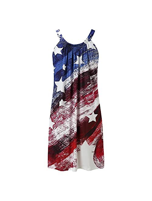 Oiumov Summer Dresses for Women Beach American Flag Patriotic Cute Dress Sundress Sleeveless Casual Boho Tank Dress