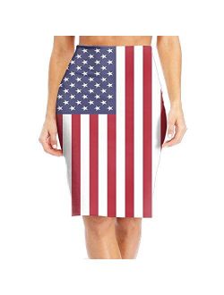 WANING MOON Women's American Flag Stars High Waist Slim Skirt Office Pencil Dress for Women Length