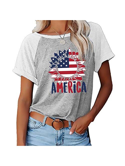 Bwogeeya Women's Graphic T Shirt Patriotic Sunflower Flag Print Short Sleeve Casual Independence Day Tee Top