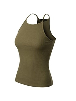 MixMatchy Women's Simple Casual Basic Active High Neck Ribbed Tank Top