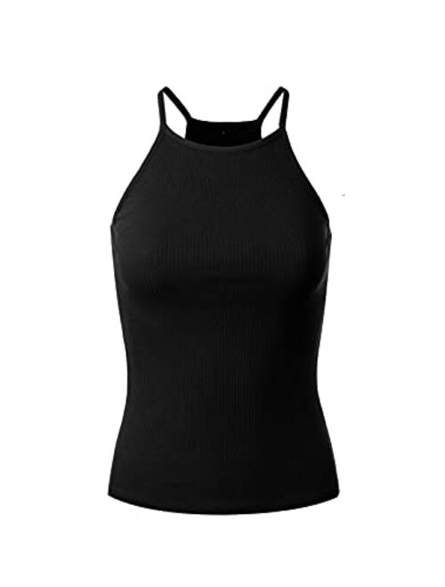 MixMatchy Women's Simple Casual Basic Active High Neck Ribbed Tank Top