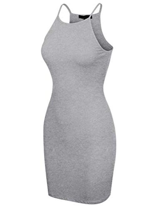MixMatchy Women's Solid Rib Knit Halter Neckline Mini Bodycon Dress