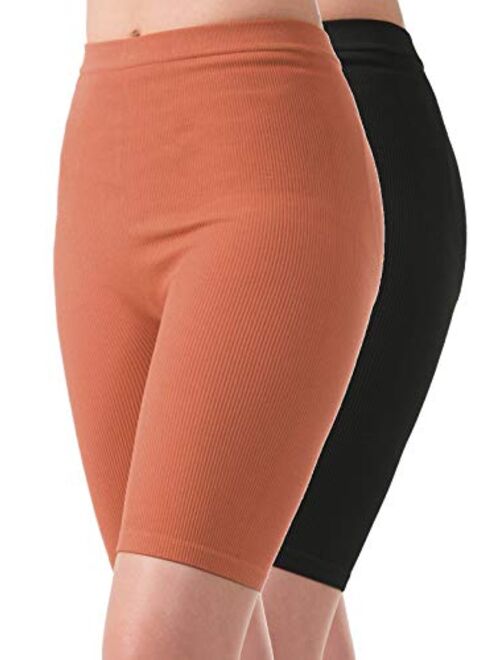 MixMatchy Women's Solid Seamless Ribbed Knee Biker Shorts with Band Waist