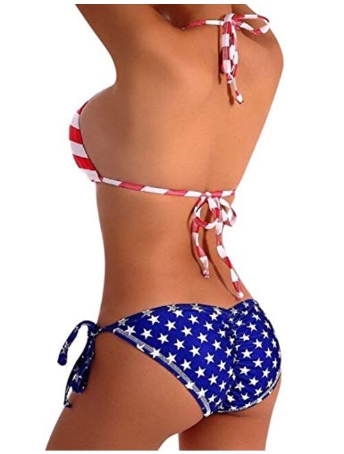 Womens Sexy Bikini Set Halter Padded Top Scrunch Bottom American Flag Swimsuit