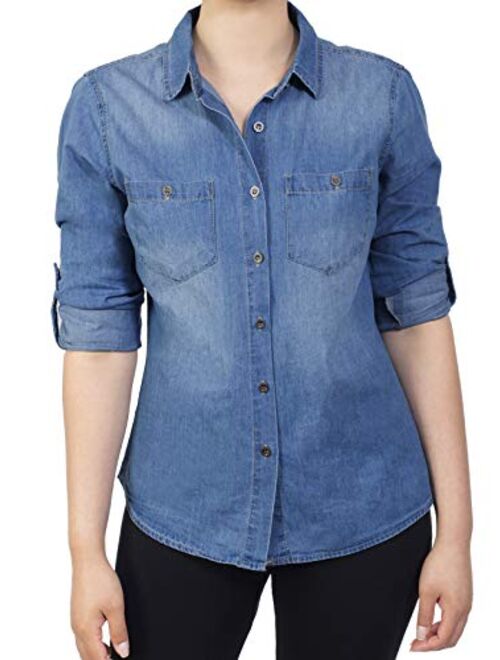 MixMatchy Women's Casual Daily Long/Roll Up Sleeve Button Down Denim Chambray Shirt (S-3XL)