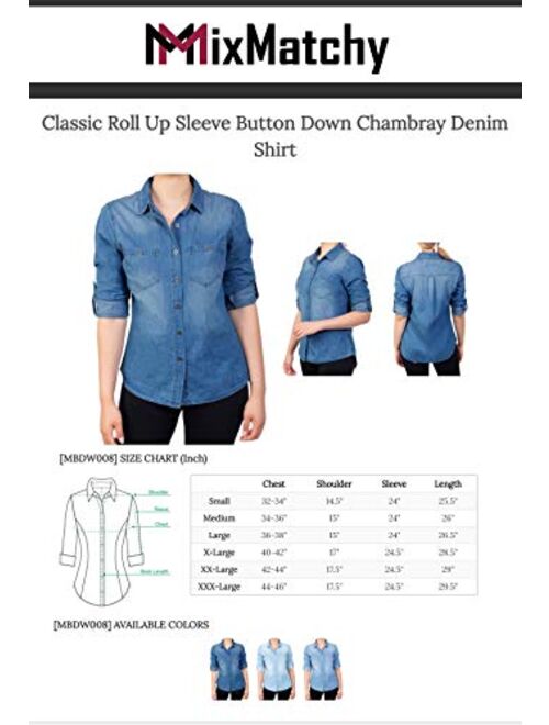 MixMatchy Women's Casual Daily Long/Roll Up Sleeve Button Down Denim Chambray Shirt (S-3XL)
