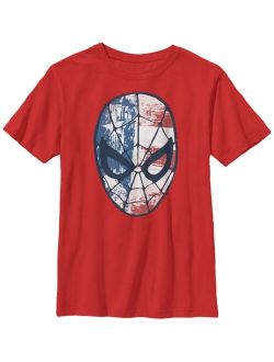 Big Boy's Spider-Man American Flag Face Vintage-Like Short Sleeve T-Shirt