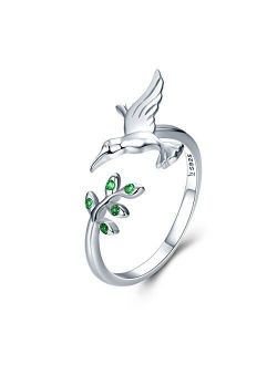 Sterling Silver Hummingbird Open Finger Rings Green Crystal CZ Adjustable Expandable Band Ring for Women Girls