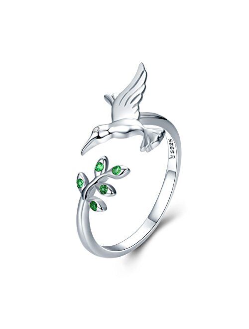 kokoma Sterling Silver Hummingbird Open Finger Rings Green Crystal CZ Adjustable Expandable Band Ring for Women Girls