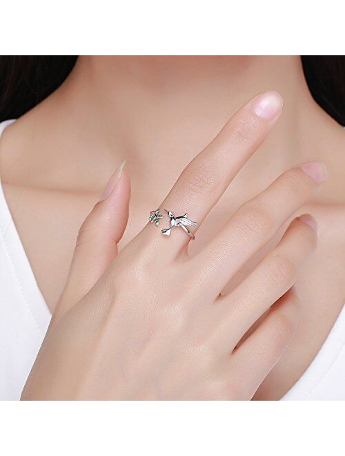 kokoma Sterling Silver Hummingbird Open Finger Rings Green Crystal CZ Adjustable Expandable Band Ring for Women Girls
