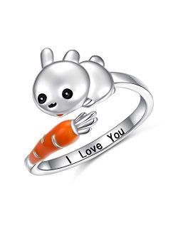 Easter Day Jewelry Bunny & Carrot Ring Sterling Silver Adjustable Size Wrap Open Ring Engraved I Love You for Rabbit Lovers Birthday Gifts