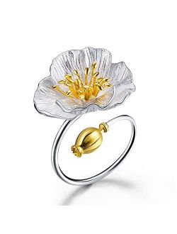 Lotus Fun 925 Sterling Silver Rings Blooming Poppies Flower Open Ring Handmade Natural Jewelry Unique Gift for Women and Girls