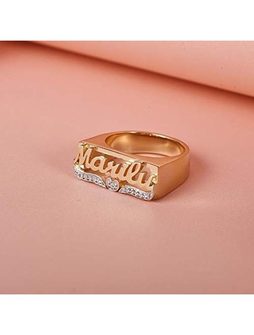 Personalized Name Ring with Heart Unisex Custom Letter Initial Ring Two Tone 18K Gold-Plated Nameplate Ring for Women Girls Men Jewelry Gifts