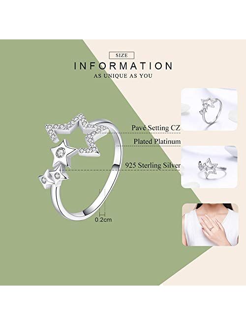 Star CZ 925 Sterling Silver Statement Engagement Band Open Ring White Gold Plated Adjustable Cubic Zirconia Dainty Jewelry Finger Eternity Wedding Rings Gifts for Women G
