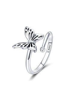 Sterling Silver Dainty Butterfly Expandable Open Cuff Rings Adjustable Animal Promise Band Ring for Women Teen Girls
