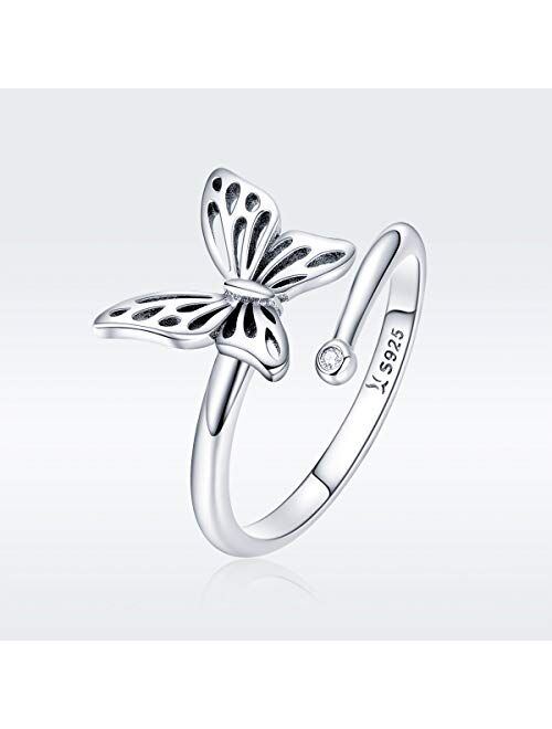 kokoma Sterling Silver Dainty Butterfly Expandable Open Cuff Rings Adjustable Animal Promise Band Ring for Women Teen Girls