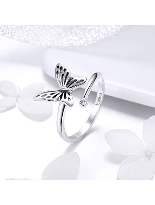 kokoma Sterling Silver Dainty Butterfly Expandable Open Cuff Rings Adjustable Animal Promise Band Ring for Women Teen Girls