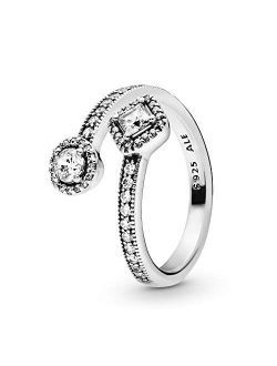 Jewelry Sparkling Square and Circle Open Cubic Zirconia Ring in Sterling Silver