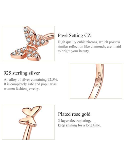 Sterling Silver Cute Butterfly Open Rings for Women Girls Adjustable Birthstone Crystal Dainty Animal Statement Promise Engagement Wedding Ring Eternity Band Rose Gold