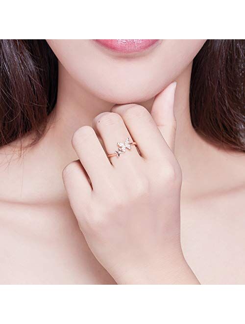 Sterling Silver Cute Butterfly Open Rings for Women Girls Adjustable Birthstone Crystal Dainty Animal Statement Promise Engagement Wedding Ring Eternity Band Rose Gold