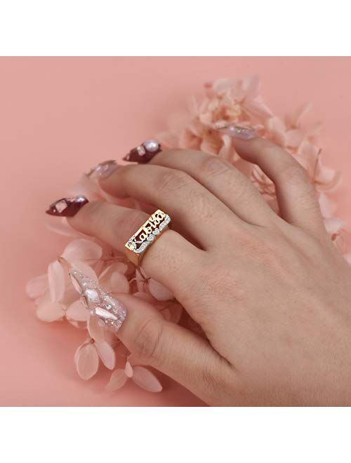 Custom Engraved Name Rings Personalized Customized Initial Ring with Heart Gold-Plated Nickel-Free Rings for Women Teen Girls