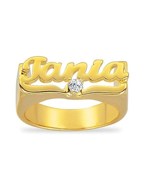 Allurelady Personalized Name Ring Unisex Custom Letter Initial Ring with Heart Sterling Silver/Gold-Plated Copper Engraved Nameplate Ring for Women Girls Birthstone Promi
