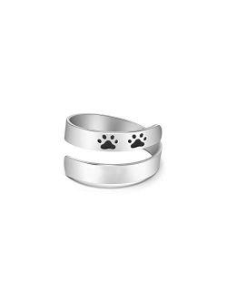 Yiyang Custom Dog Engraved Name Ring Stainless Steel Paw Print Adjustable Rings Dainty Dog Memorial Sympathy Gifts for Women Men Girls Her Pet Dog Cat Lover Pet Jewelry C