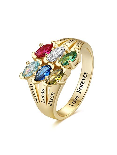 RESVIVI Sterling Silver Customized Mother Name Rings with 2-6 Birthstones Engraving Personalized Stacking Family Name Rings