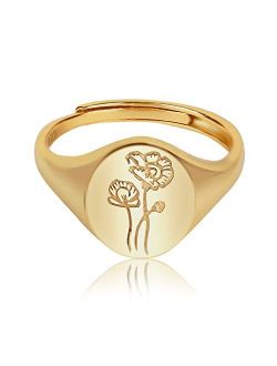YeGieonr Handmade Flower Signet Ring -18K Gold Over 925 Sterling Silver Adjustable Ring-Minimalistic Statement Ring - Delicate Personalized Engraved Jewelry Gift for Wome