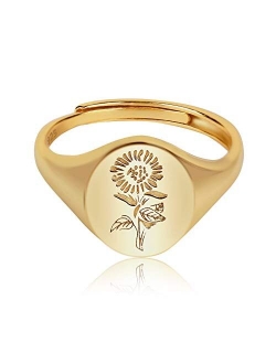 YeGieonr Handmade Flower Signet Ring -18K Gold Over 925 Sterling Silver Adjustable Ring-Minimalistic Statement Ring - Delicate Personalized Engraved Jewelry Gift for Wome