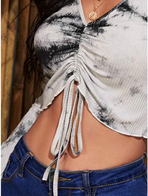 SweatyRocks Women's Adjustable Drawstring String Long Bell Sleeve Rib Knit Sexy Crop Top