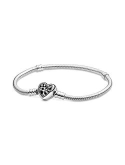 Moments Family Tree Heart Clasp Snake Chain Bracelet, Clear CZ 925 Sterling Silver Charm Bracelet
