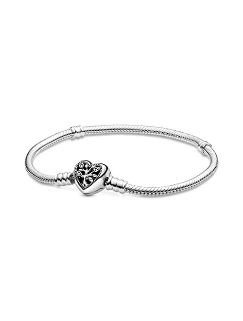 PANDORA Pandora Moments Family Tree Heart Clasp Snake Chain Bracelet, Clear CZ 925 Sterling Silver Charm Bracelet