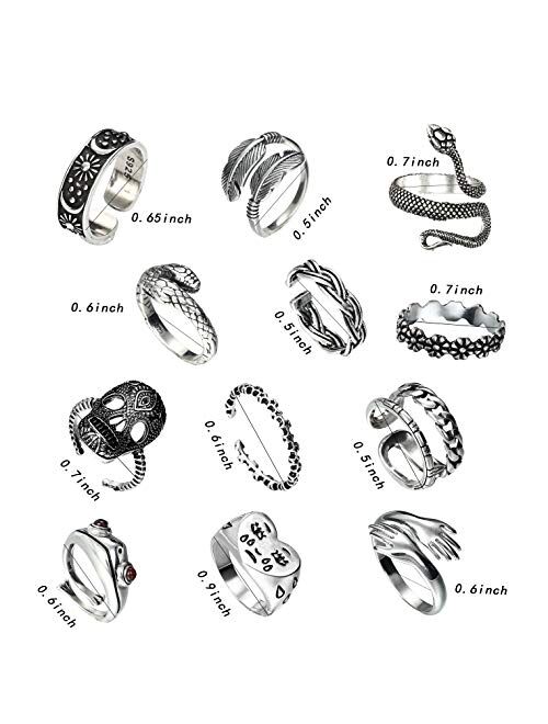 UUJOY 12 Pcs Boho Frog Rings Vintage Open Punk Rings Animal Snake Ring Gothic Grunge Adjustable Rings Set With Tattoo stickers for Women Girls Men