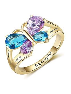 Custom 4 Names Mothers Rings with 4 Simulated Birthstones Butterfly Promise Rings for Her Engraved Family Anniversary Rings for Mom Grandmother Personalized