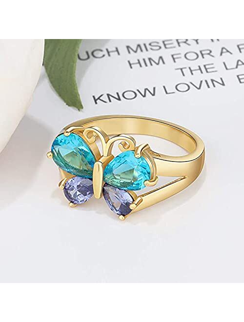 Custom 4 Names Mothers Rings with 4 Simulated Birthstones Butterfly Promise Rings for Her Engraved Family Anniversary Rings for Mom Grandmother Personalized