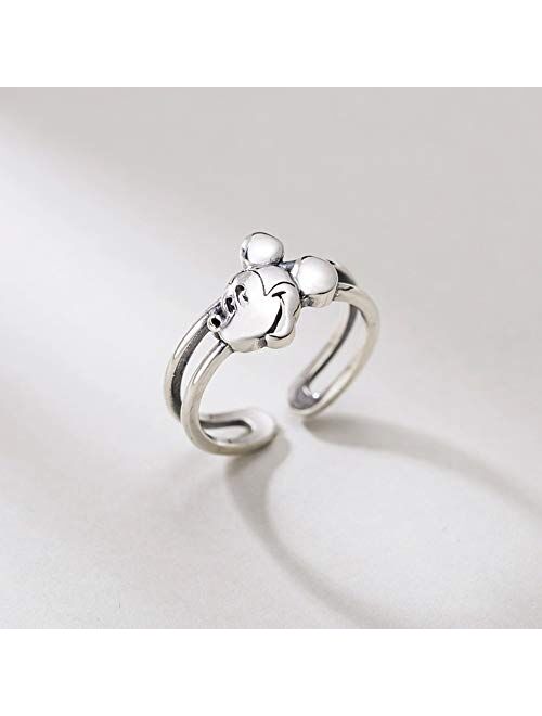 Kokoma Lovely Mouse Open Sterling Silver Rings for Women Girls Adjustable Vintage Statement Band Cute Animal Ring