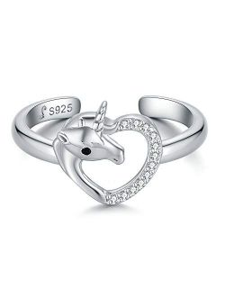 Presentski Heart Unicorn Open Ring 925 Sterling Silver Cute Animal Cubic Zirconia Wrap Rings Birthday Gift for Women and Girls