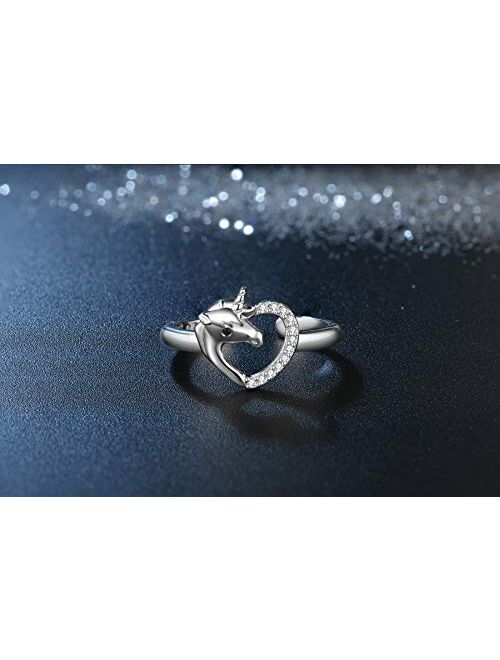 Presentski Heart Unicorn Open Ring 925 Sterling Silver Cute Animal Cubic Zirconia Wrap Rings Birthday Gift for Women and Girls