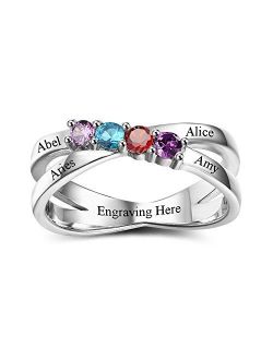 Personalized Sterling Silver Rings for Mothers 4 Simulated Birthstones Engraved Rings Mothers Christmas Rings Family Name Rings for Mom