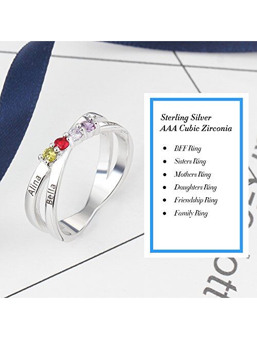 Personalized Sterling Silver Rings for Mothers 4 Simulated Birthstones Engraved Rings Mothers Christmas Rings Family Name Rings for Mom