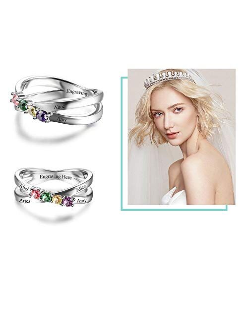 Personalized Sterling Silver Rings for Mothers 4 Simulated Birthstones Engraved Rings Mothers Christmas Rings Family Name Rings for Mom
