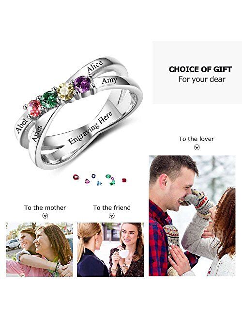 Personalized Sterling Silver Rings for Mothers 4 Simulated Birthstones Engraved Rings Mothers Christmas Rings Family Name Rings for Mom