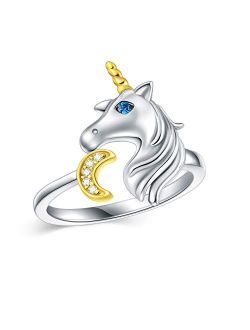 LONAGO Sterling Silver Unicorn Ring with Moon Stacking Ring for Girl Women